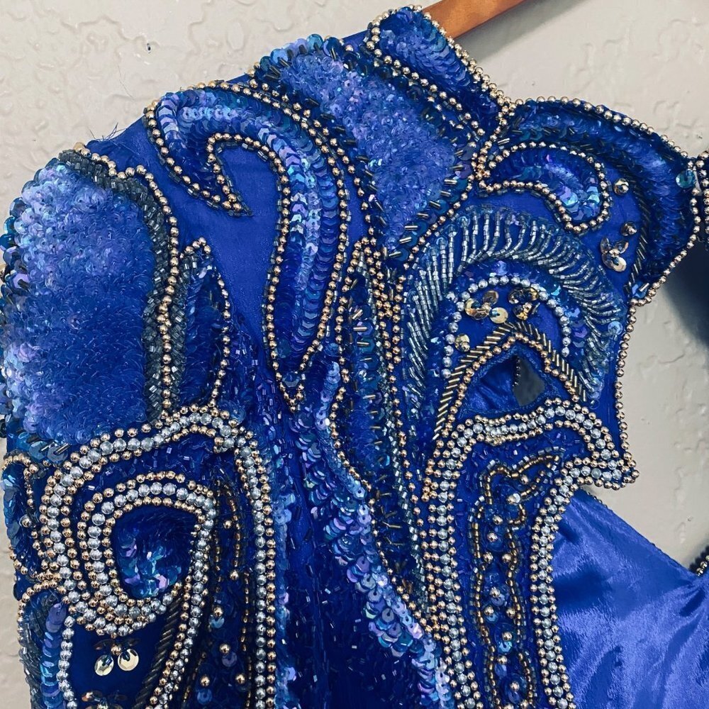 Linzas Vintage Y2K Straight Dress Gown Size Medium Blue Silk Sequined - Picture 7 of 10
